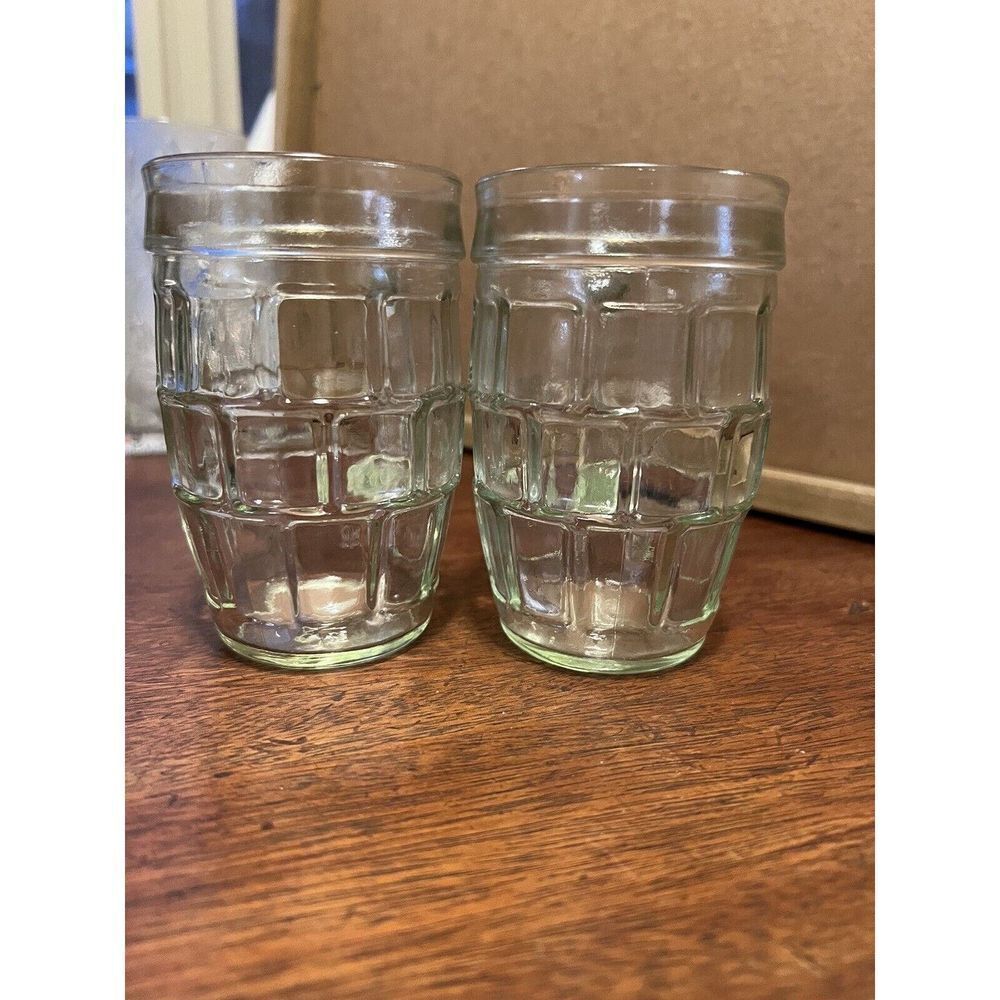 Pair Of Tinted Glass Barrel Shaped 8 oz‎ Mugs, green glass, vintage, drink,